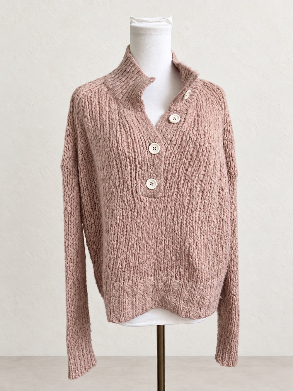 Everlane Oatmeal Beige Chunky Knit Button Mock Neck Sweater M